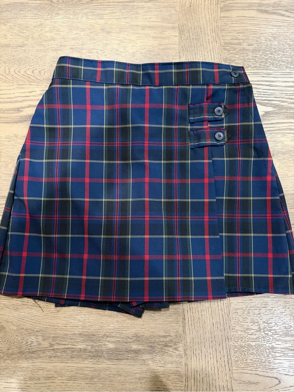 Dennis Girls Uniform Blue, Red Plaid Skort with Button Detail & Side Zipper